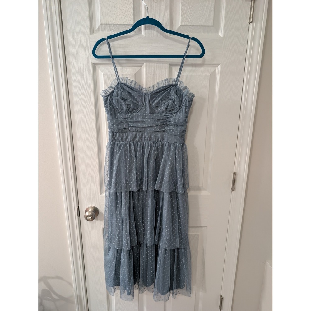 Lulus, M, Sweetheart Clip Dot Tiered Ruffle Cocktail Dress, Dusty Blue, Midi